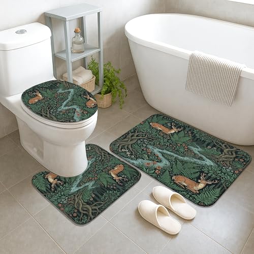 Rideau de douche cerf et tapis assorti en polyester vert automne pour salle de bain rustique - 5