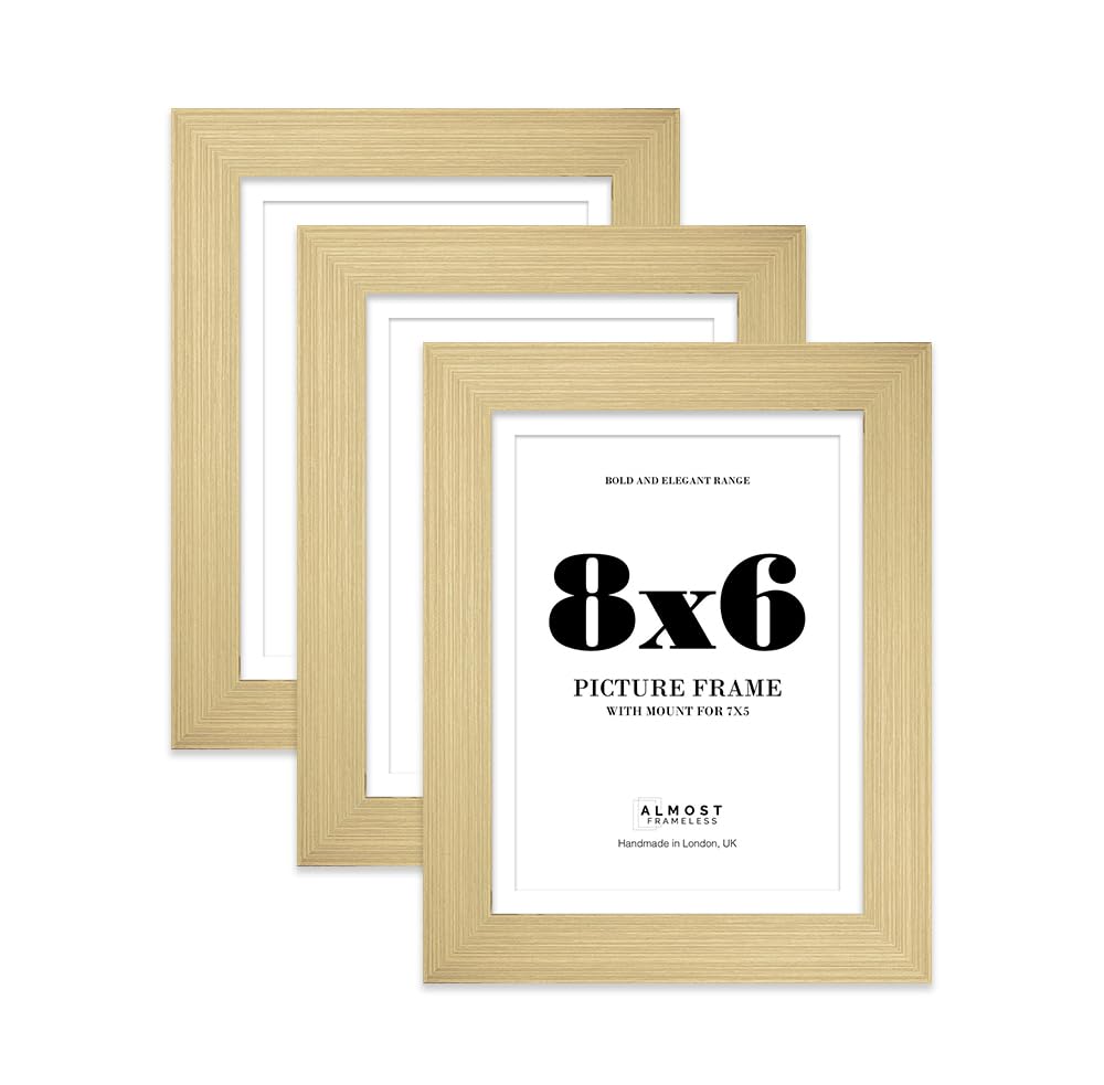 8x6" Gold Frame With Mount for 7x5" Pictures 28mm Edge Portrait and Landscape Display with Wall Hooks and Kickstand, 3 Pack