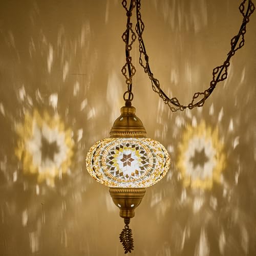 DEMMEX Plug-in Turkish Moroccan Mosaic Hanging Pendant Ceiling Light Swag Lamp Fixture with 15ft Cord & Chain Handcrafted Glass Tiffany Style Mediterranean Decor (Amber Brown)