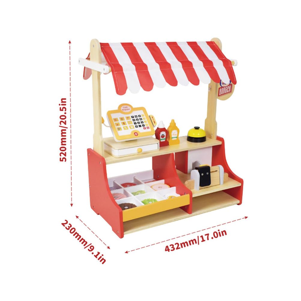 Set da Gioco Burger in Legno, Bancarella di Fast Food Giocattolo | Banco Vendita Giocattolo per Bambini, Set di Cibo Giocattolo in Legno, Giocattolo Cassa per Bambini
