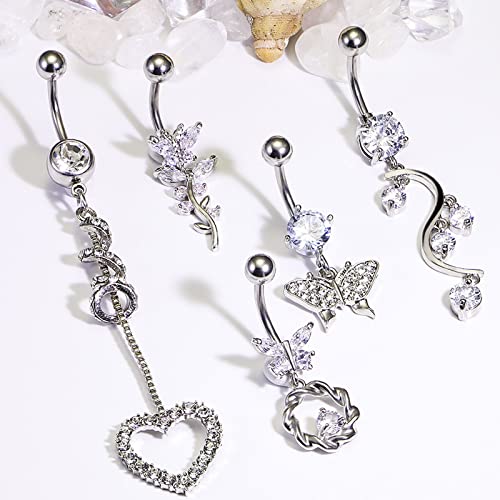 Kwoencxi Belly Button Ring For Women 14G Stainless Surgical Steel Long Dangle Curved Hypoallergenic Belly Navel Ring Barbells Bar Body Piercing Jewelry Silver 10Mm Cz Diamond Gem (Ndyb-000019) #TOP3