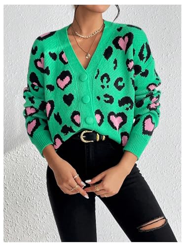 Image of MakeMeChic Women's Leopard Cardigan Sweaters V Neck Button Down Long Sleeve Y2K Cardigan