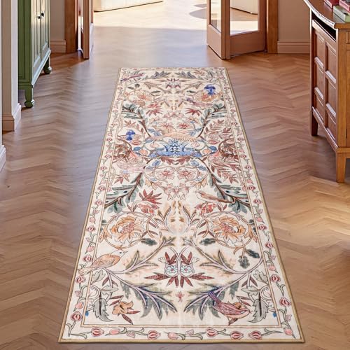 TUKDAK Vogel Teppich Läufer für Flur 60×180cm, Rose Waschbarer Küche Läuferteppich mit Antirutsch Gummirücken, Weicher Kurzflor Schlafzimmer Teppich, Vintage Lang Matte für Eingang Büro Badezimmer