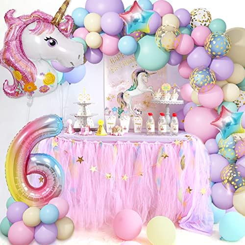 6th Unicorn Balloons Arch Garland Set for Birthday Party Decorations Girl, 120Pcs Pastel Macaron Balloon Kit with Confetti Purple Pink Huge 3D Unicorn Foil Age Balloons Happy Birthday Banner