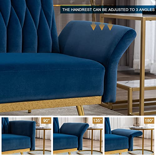 Ttgieet 70" W Velvet Convertible Futon Sofa Bed, Mid Century Modern Decor, Tufted Loveseat Couch Sleeper Futon Sofa With Adjustable Armrests& Golden Metal Legs For Home Living Room Bedroom (Blue) #TOP4