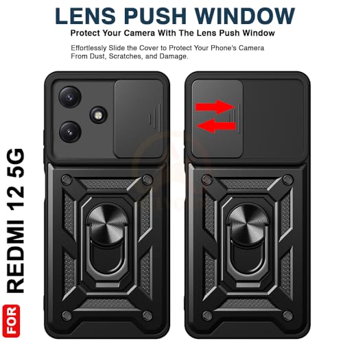 Image of Armor Bumper Back Cover Case for REDMI 12 5G /Poco M6 PRO 5G Rotating Camera Cover, Ring Holder & Kickstand | Heavy Duty & 360 Degree Protection REDMI 12 5G /Poco M6 PRO 5G Back Cover (Black)