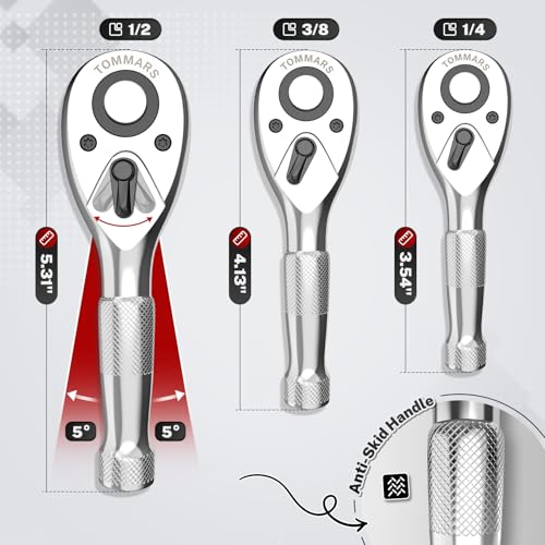 Image of TOMMARS Stubby Ratchet Set 1 /4 inch 3 /8 inch 1 /2 inch Drive Socket Wrench | Hand Tool for Mechanics, 72 Tooth 5-degree swing arc, Quick Release, Reversible