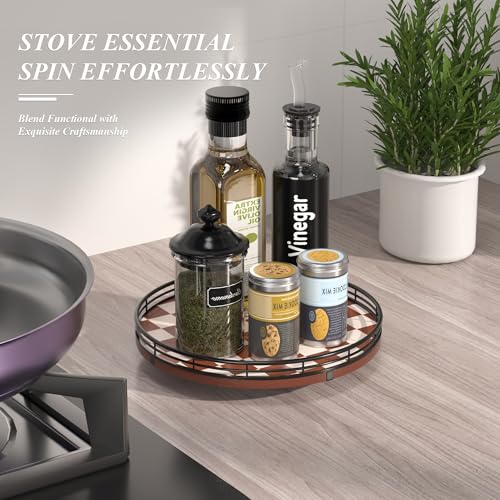 Image of Brown Checkered Lazy Susan Organizer, 10 Inch Rotating Countertop Tray with Black Metal Rail, Wood Turntable for Kitchen Counter, Coffee Bar, Bathroom Vanity, Perfume and Spices