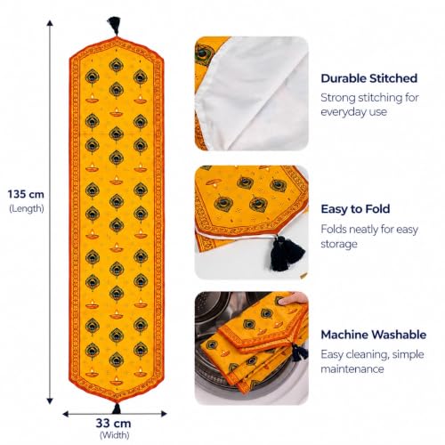 Image of Dining Table Runner -Diwali Indian Diya with Peacock Print Theme,Digital Print, Washable, Indoor /Outdoor, Heat-Proof, Wipe & Clean (135X33 cm) Yellow & Multi