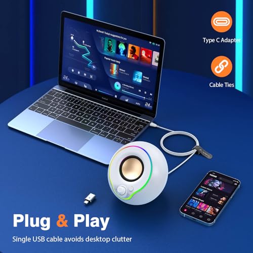 LENRUE USB Computer Speakers, Laptop Speakers, Plug Play, Loud and Clear Sound, Easy Access Volume Konb, with Type C Adapter, Colorful Lights, for Desktop, PC, Laptop, Phone (USBWhite) - Image 4