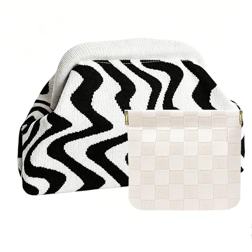 Vpoofree Clutch Purses for Women Woven Crochet Bag&Cosmetic Bag Dumpling Striped Cloud Purse Evening Handbag Summer Beach (Black white letters clutch purses)
