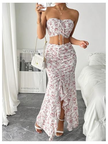 SHENHE Women's Floral 2 Piece Outfits Smocked Crop Tube Top and Ruched Ruffle Slit Maxi Skirt Set4
