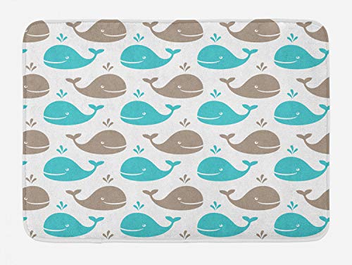 Ambesonne Sea Animals Bath Mat, Pattern of Many Blue and Brown Smiling Happy Whales a Cartoon Illustration Design Print, Plush Bathroom Decor Mat with Non Slip Backing, 29.5  X 17.5 , Turquoise White