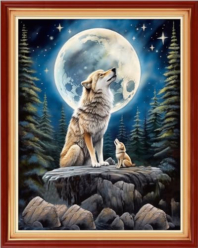 Image of Redxing Stamped Cross Stitch Kits Full Range of Embroidery Starter Kits- Needlepoint Counted Cross Stitch Kits for Beginner Adults 11CT Printed Embroidery Kit-Moon Wolf 16x20 inch