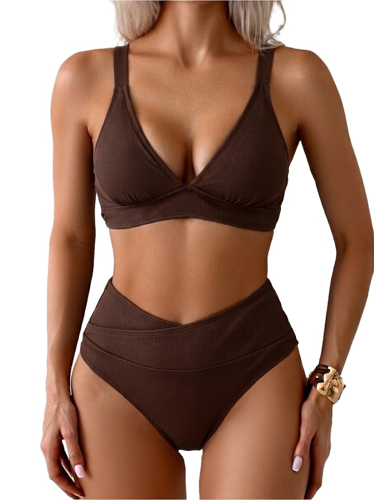 Photo 1 of *small* Memashore High Waisted Bathing Suit Tummy Control 2 Piece Swimsuit Women Ribbed Bikini Set V Cut Ruched Bottom Longline Swim Top Dark Brown S