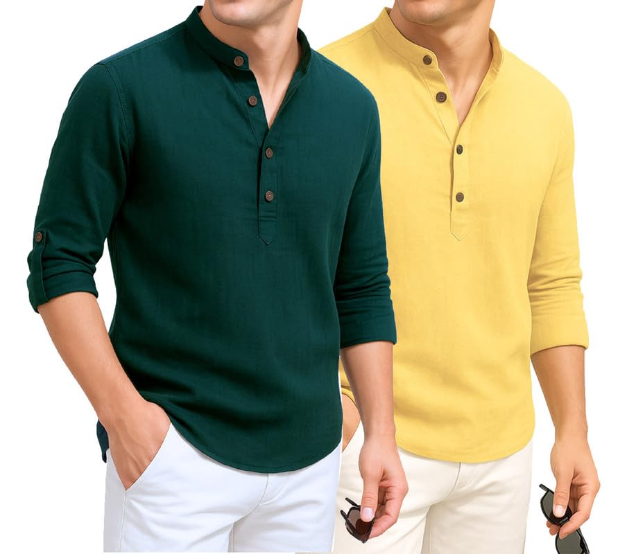 Image of DEELMO Combo of Men's Cotton Blend Solid Regular Fit Full Sleeve Short Kurta | Men's Trendy Short Kurta Pack of 2