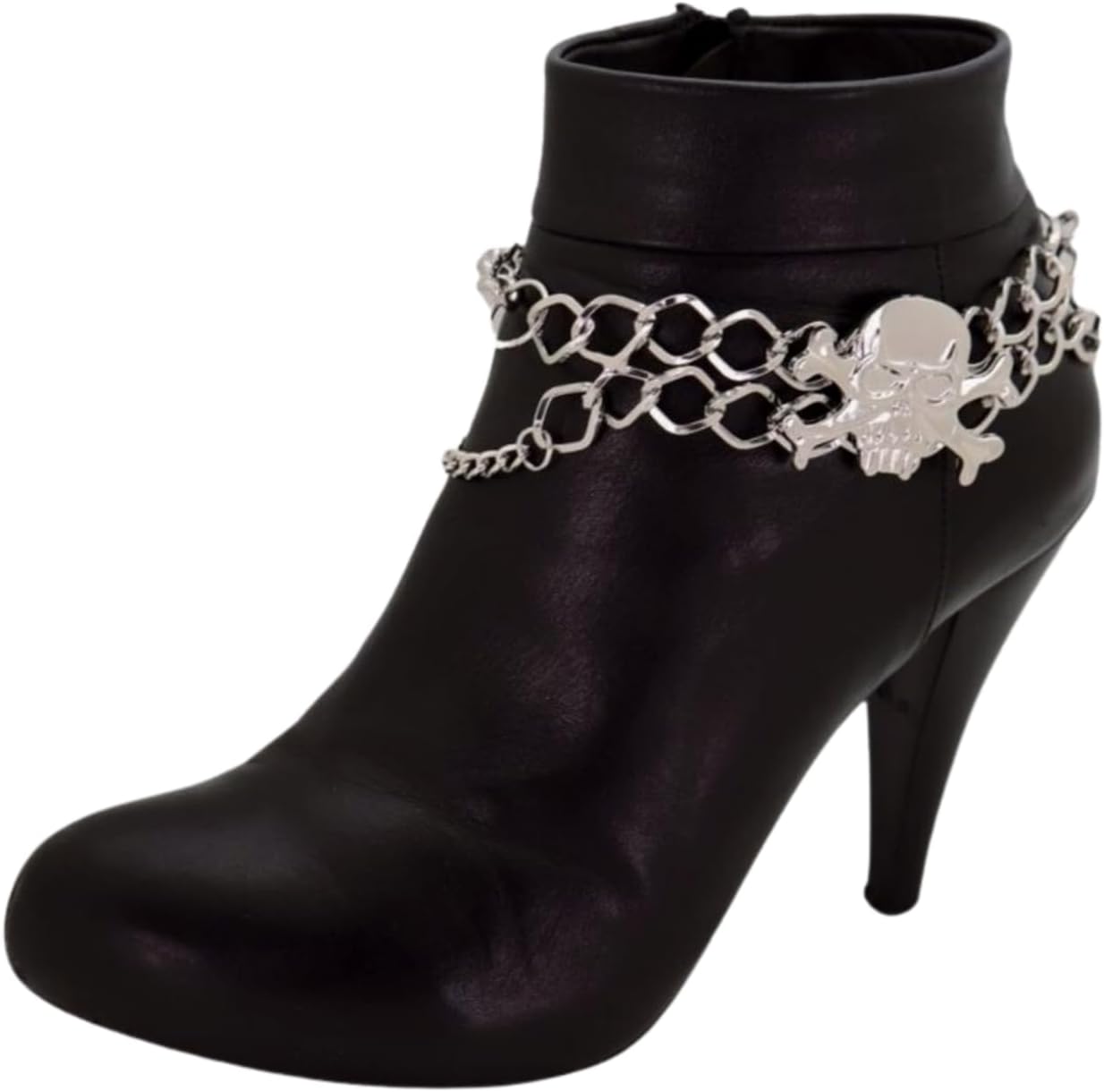 Women’s Skull Boot Chain Set – Silver Biker Boot Anklet Pair For Cowboy, Combat & High Heel Boots – Goth Punk Rocker Shoe Jewelry 11"–15" Adjustable – Handmade In USA
