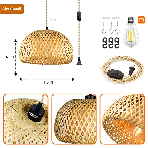 Qwoo Rattan Hanging Light Bamboo Lamp Shade,Dimmable Bamboo Plug In Pendant Light Woven Rattan Lamp Shade,Boho Rattan Pendant Lights,11.4In Wicker Chandelier Light Fixture Ceiling Dining Room Kitchen #TOP4