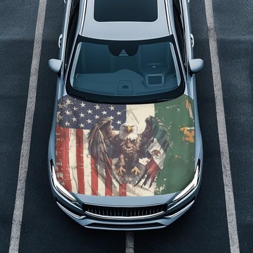 Image of 59x39 Inch Hood Cover for Cars Sedans SUV Trucks, Stretchable Car Hood Wrap Blankets, USA Flag and Mexican Flag Eagle Design, Waterproof Automotive Exterior Accessories