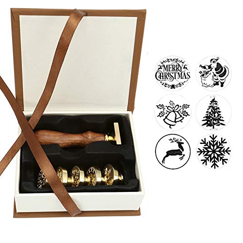 Lpraer Mangsen Wax Seal Stamp Set 6PCS Sealing Wax Stamps+Wooden Handle with Gift Box Vintage Retro Wax Stamp Sealing (Christmas+Bell+Snow+Deer+Santa Claus)
