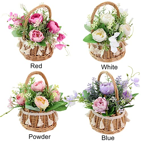 Asodomo 2 Pack Artificial Flowers With Rattan Woven Baskets Silk Faux Peony In Basket Artificial Floral Arrangement Centerpiece Decoration For Table Home Office Wedding (Rose Red) #TOP3