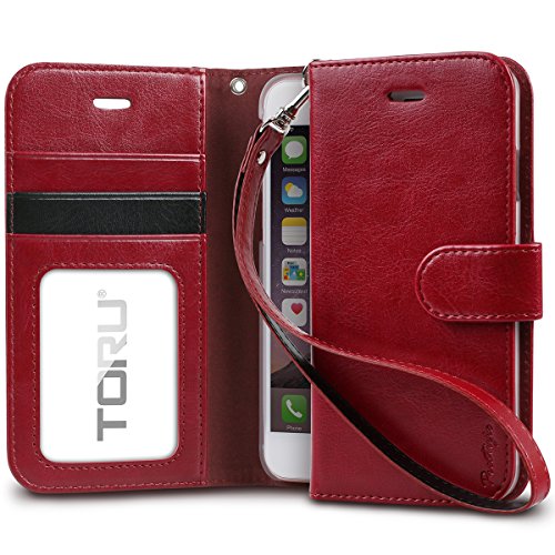 iPhone 8 Case / iPhone 7 Case, TORU Synthetic Leather Wristlet Flip Cover Folio Wallet Case with [Card Slot][ID Holder][Kickstand][Wrist Strap] for iPhone 8 / iPhone 7 - Burgundy Red