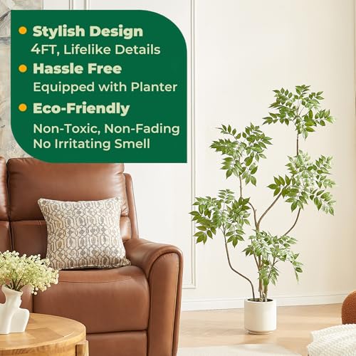 4FT Artificial Sumac Tree in White Pot, Real Touch Silk Faux Plant Indoor Outdoor - Lifelike Fake Tree for Home, Office, Living Room, Lobby, Patio Decor