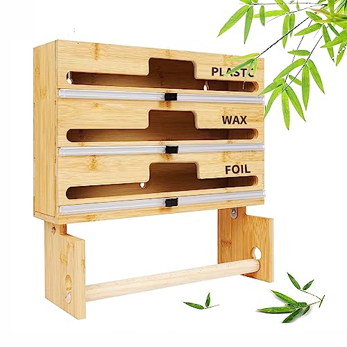 Dozownik folii z tworzywa sztucznego z obcinaczem – folia 4 w 1 i organizer do owijania z tworzywa sztucznego z uchwytem na ręczniki papierowe, bambusowe rozwiązanie do przechowywania w kuchni na