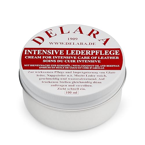 DELARA Intensive Lederpflege, farblos, 100 ml - Imprägniert und schützt Leder sehr wirksam. Neue Rezeptur mit hochwertigem Kokosöl und Bienenwachs - Made in Germany