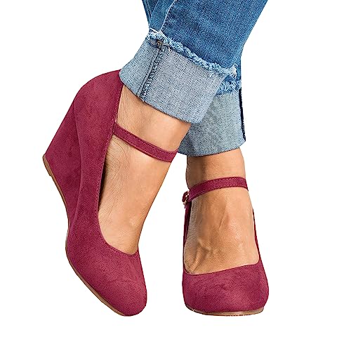 Image of Coutgo Womens Wedge Pumps Dressy Mary Jane Shoes Comfort Wedges Closed Toe Ankle Strap Heeled Shoes