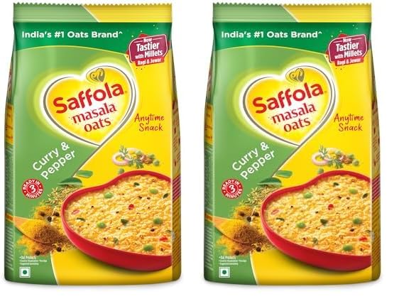 Saffola Masala Oats |Curry & Pepper | Tasty, Anytime Snack | Ready In 3 Mins | Millets Goodness- With Ragi & Jowar | No Maida, No Added Preservatives | Oats Helps Manage Weight |500G .. (Pack of 2)