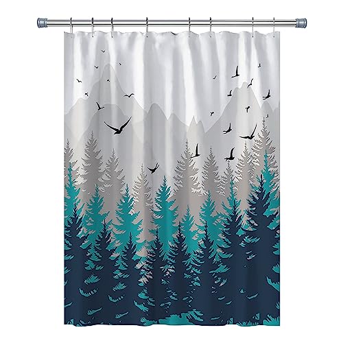 RV Shower Curtains Forest Mountain Happy Camper, Cloth Fabric RV Bathroom Decor Curtain Sets with Hooks 47WX64H Inches (Blue Grey)