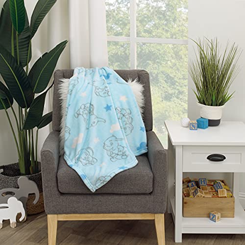 Image of Disney Dumbo Pastel Blue, Grey & White Clouds & Stars Super Soft Baby Blanket, Light Blue, Grey, White