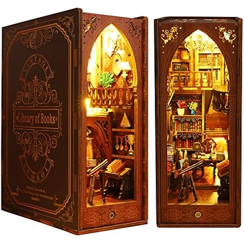 Spilay DIY Dollhouse Miniature Book Nook Assemble Kit,3D Wooden Puzzle Bookshelf Insert Decor with Sensor Light Music Box, Bookends Model Build-Creativity Kit for Adults Women Birthday Gift (SL06) Cover