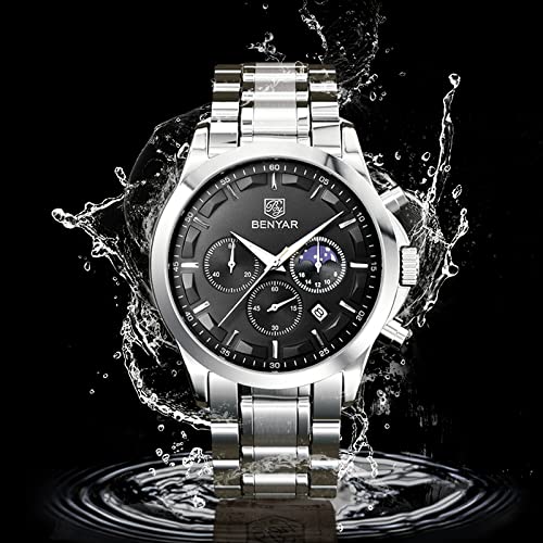 By Benyar Men's Watches Waterproof Sport Military Watch For Men Multifunction Chronograph Black Fashion Quartz Wristwatches Calendar With Leather Strap #TOP3