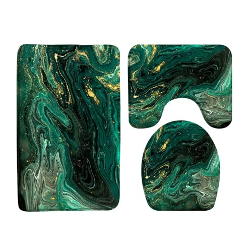3Pcs Emerald Green Marble Bath Rugs Set,Modern Dark Green Marble Texture Gold Stripes Abstract Watercolor Cracked Bathroom Kitchen Rug with 16
