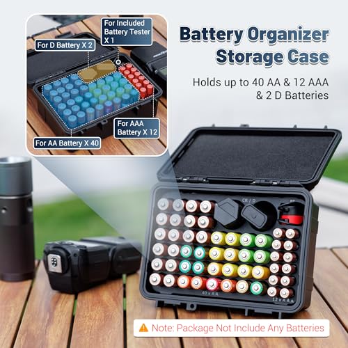 Image of Hard Shell Battery Organizer Holder with Small Battery Tester, IP68 Waterproof Multi 82 Slots Batteries Vault Case for 40 AA & 12 AAA & 12 CR2032 CR2025 & 18 LR44 Button Cell /2 D Size Batteries Case