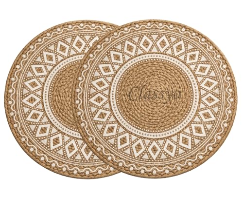 Image of Classyo Cotton Coasters for Dining Table, 10 inch (Brown Design, Pack of 2) | Round Placemats for Hot Pots, Plates and Pans | Dining Table Placemats | Dining Table Mat | Washable Round Table Mats