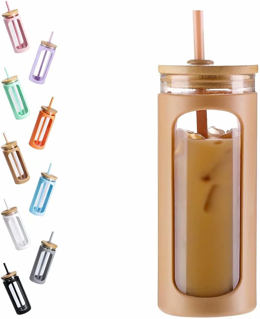 20oz Glass Water Tumbler with Straw and Lid, Bamboo Lids Water Bottle, Iced Coffee Cup Reusable, Wide Mouth Smoothie Cups with Protective Silicone Sleeve BPA FREE-Amber