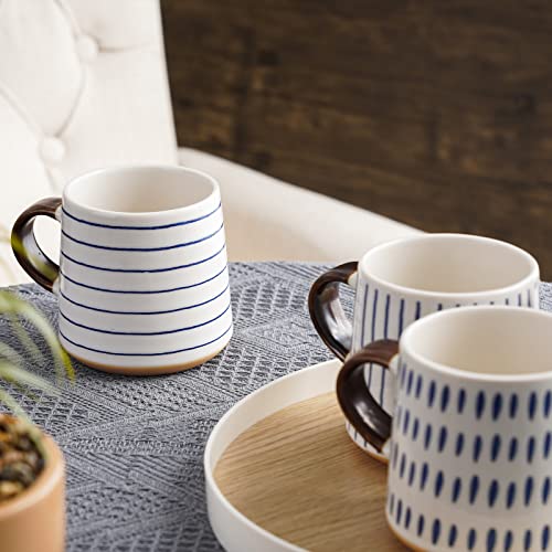 Taimei Teatime Coffee Mugs Set Of 4, 14Oz Ceramic Coffee Cups With Handle, Unique Lina Blue-Striped Coffee Mugs For Tea, Milk, Cocoa, Latte, Mug Gift Set For Women, Microwave And Dishwasher Safe #TOP3