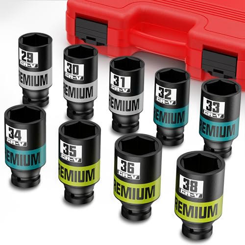 Image of 9 Piece 1 /2 inch Drive Impact Socket Set, Metric Axle Nut Sockets, 29-38mm Thicker Jumbo Sockets, Socket Set, 6 Point, Cr-V Steel for Auto Repair