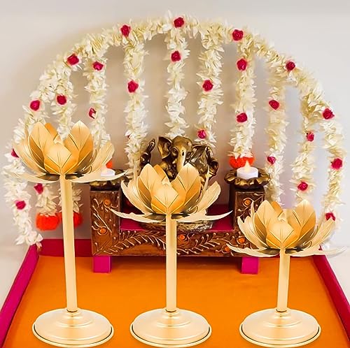 Image of Lotus Tea Light Candle Holder Stand for Home Decoration Diwali Gift Pack of 3 Golden