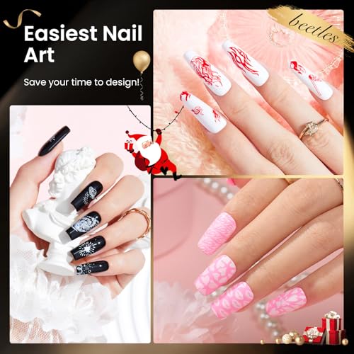 Image of Beetles Nail Stamp Gel 16Pcs French Tip Nail Stamp Kit with 8 Colors Stamper Gel Polish, 5 Nails Stamping Templates, Scrapers, Liquid Latex & Short Silicone Stamper Gift for Women