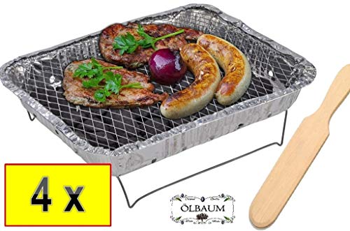 4 x Einweggrill KOMPLETT MIT 2 kg HOLZKOHLE + 2 x PREMIUM-HOLZWENDER / HOLZSCHAUFEL Grillgabel Grillbesteckals Campingkocher Klappgrill Faltgrill
