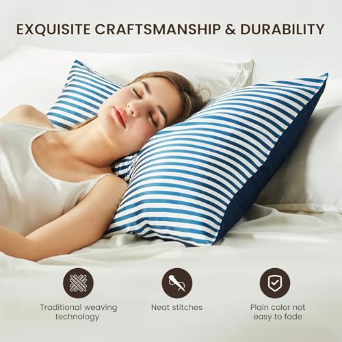 THXSILK Mulberry Silk Pillowcase for Hair and Skin Health, Grade 6A+ Mulberry Silk Pillowcase with Hidden Zipper, Soft and Breathable, 1pc (King 20"x36", Blue White Stripes)