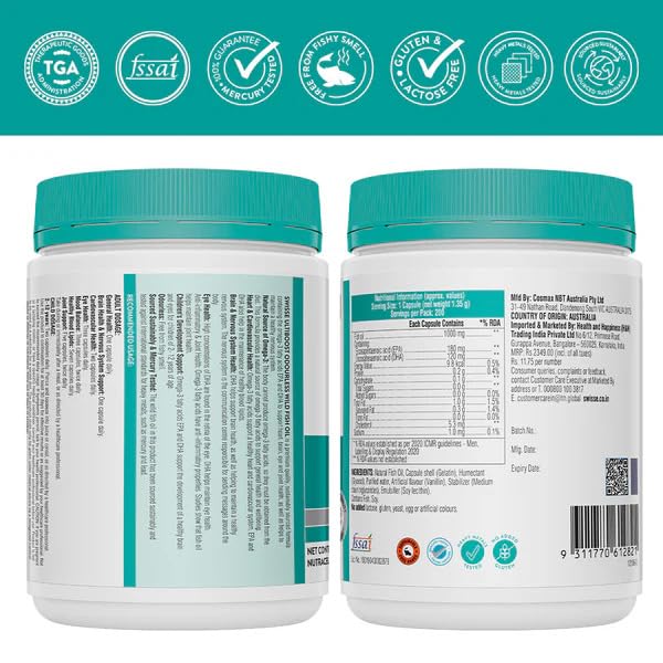 Image of Swisse Fish Oil with 1000mg Omega 3 - One Capsule Per Serving, 1000mg Omega-3 Fish Oil In Single Capsule, Manufactured In Australia - 200 Days Pack