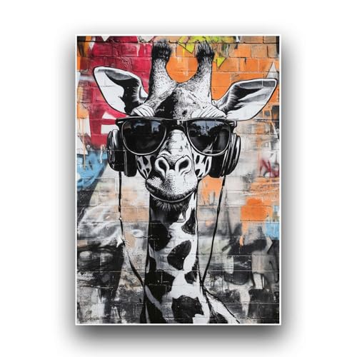 Art mural graffiti girafe avec lunettes et casque audio poster A3 noir et blanc