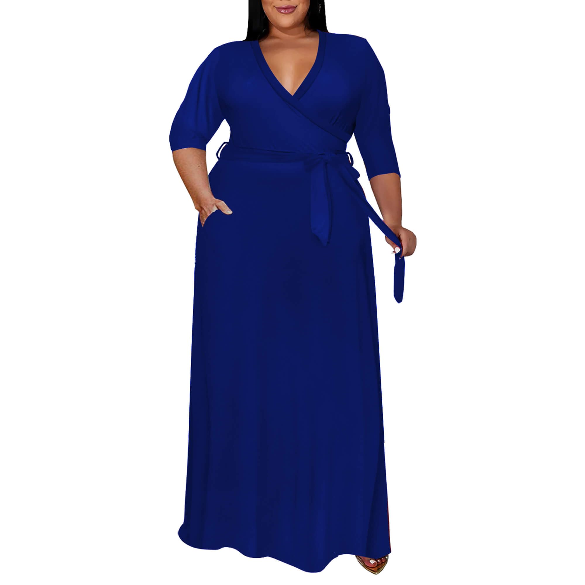 Runwind Plus Size Dress for Women - 3/4 Sleeve V Neck Maxi Dresses for Women （XL-6XL）