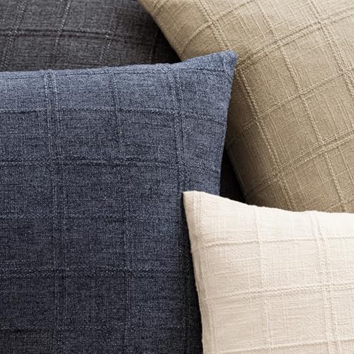 Image of Foindtower Set of 1 Decorative Linen Check Throw Pillow Cover Neutral Farmhouse Vintage Cushion Cover Modern Boho Home Decor for Sofa Chair Couch Bedroom Living Room,24x24 Inch,Navy Blue