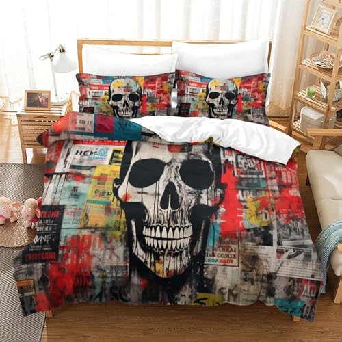 Housse de couette crâne 3D King parure de lit street art ado microfibre